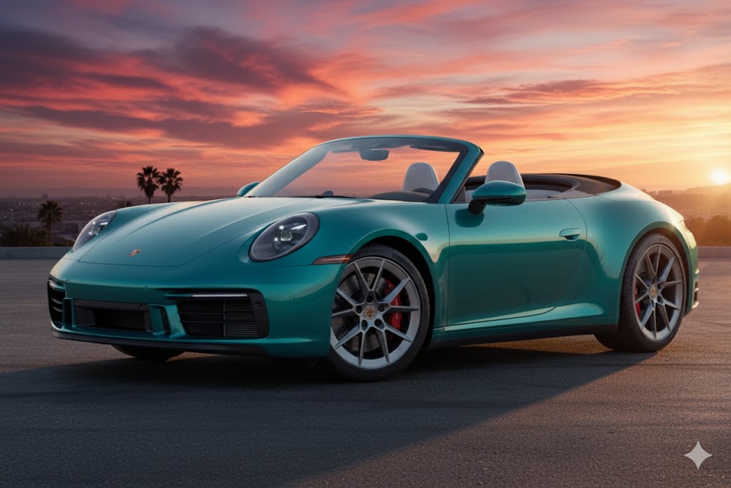 פורשה 911 קבריולט, מכונית ספורט יוקרתית עם גג פתוח על כביש הררי